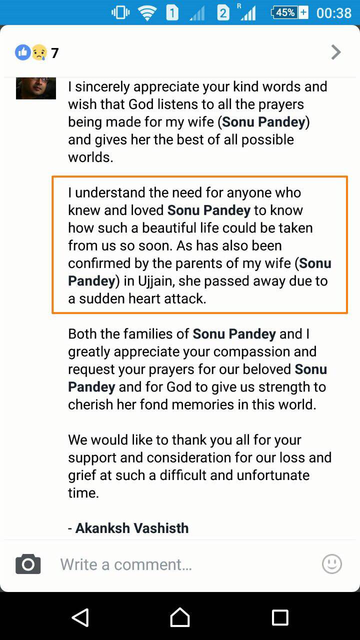 Facebook Update of Victim Ayati Vashisth's Husband